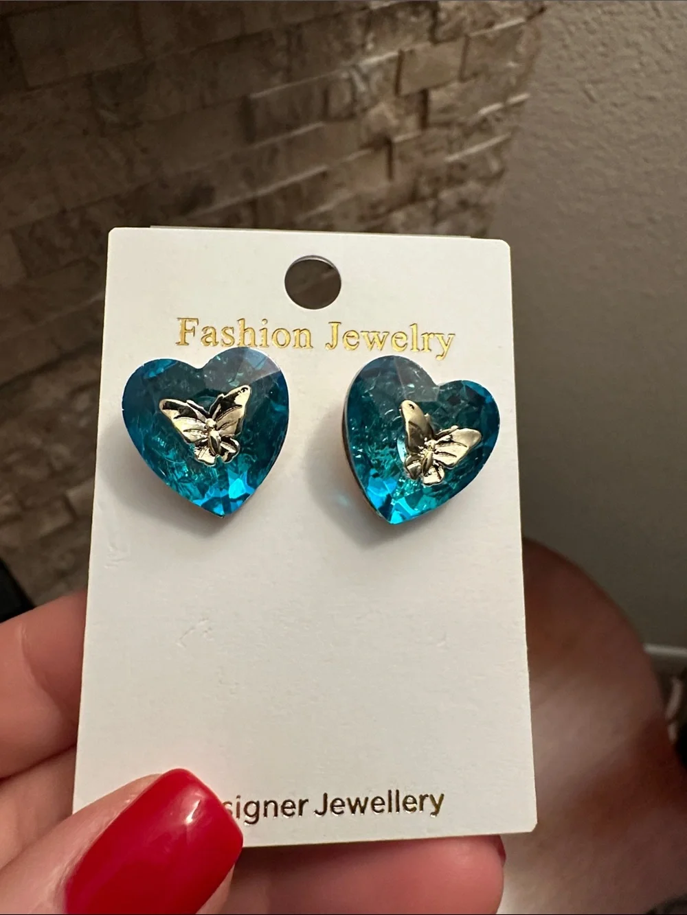 Fashion Jewelry Turquoise Heart Earrings with Gold Butterfly Accent
